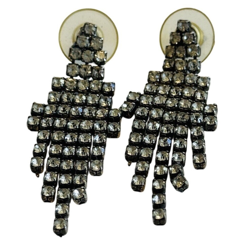 Glitzy‎ Earrings VTG Sparkly Silver Rhinestone Dangle Rare Pierced Waterfall 80s
